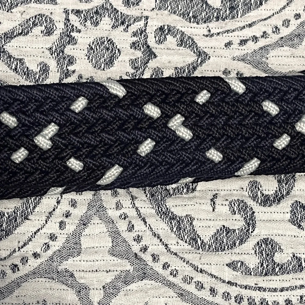 Braided Navy and White Womens Fabric Belt with Brown Leather Trim
